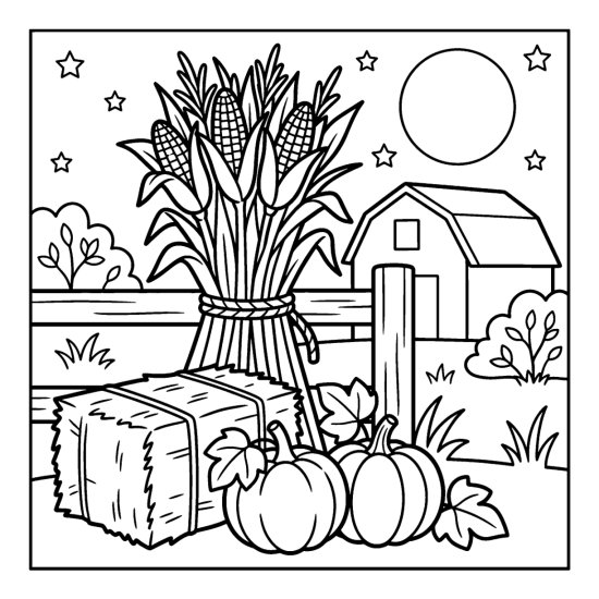 Corn stalk bundle by a post with gourds and a straw bale near a barn, coloring page
