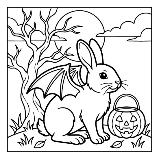 Bunny wearing bat wings on the grass beside a pumpkin pail, bold and easy