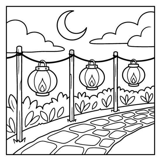 Paper lanterns on posts lining a garden walkway under a crescent moon, coloring sheet
