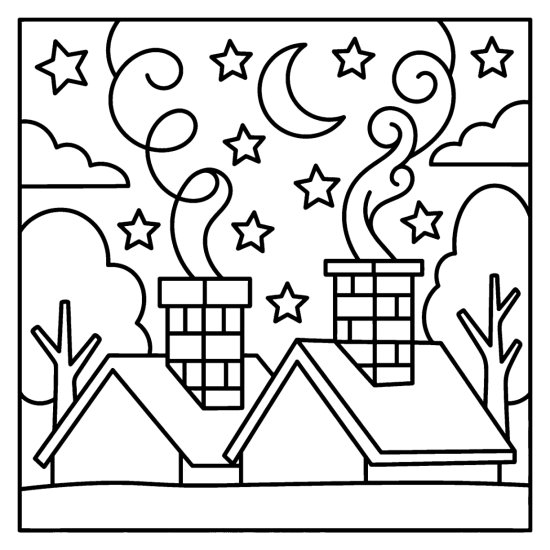 Two rooftops with chimneys and rising smoke under a starry sky, coloring page
