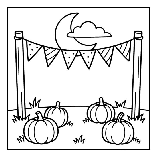 Triangle bunting between poles over a yard with round gourds, coloring sheet