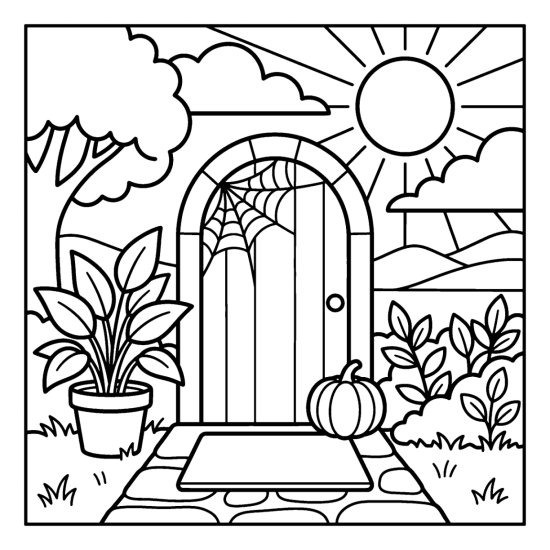 Doorway arch with a cobweb, a gourd and leafy plants by the door, bold and easy