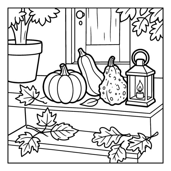 Gourds, a lantern and scattered leaves arranged on a doorstep, coloring sheet