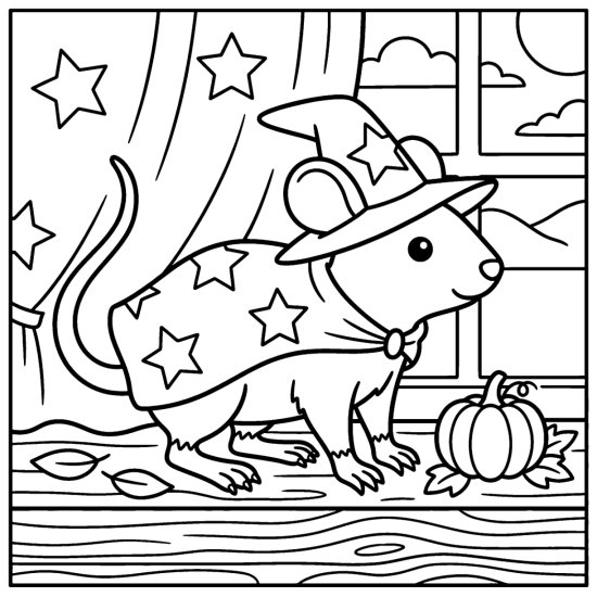 Mouse in a wizard hat and star cape on a windowsill near a pumpkin, coloring page