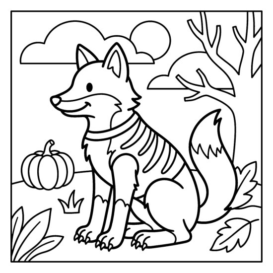 bold and easy halloween coloring pages with a cute fox in a skeleton costume beside a pumpkin, coloring page