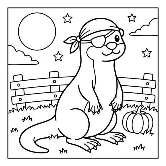 Otter in a pirate bandana and eye patch on grass by a pumpkin, coloring sheet