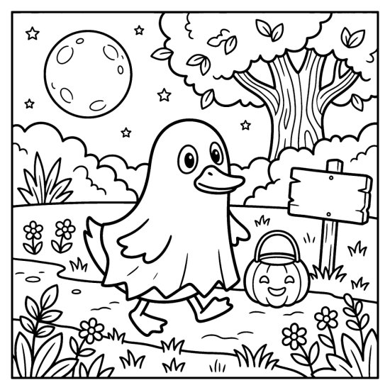 Duck in a ghost sheet costume on a path with a candy bucket, bold and easy