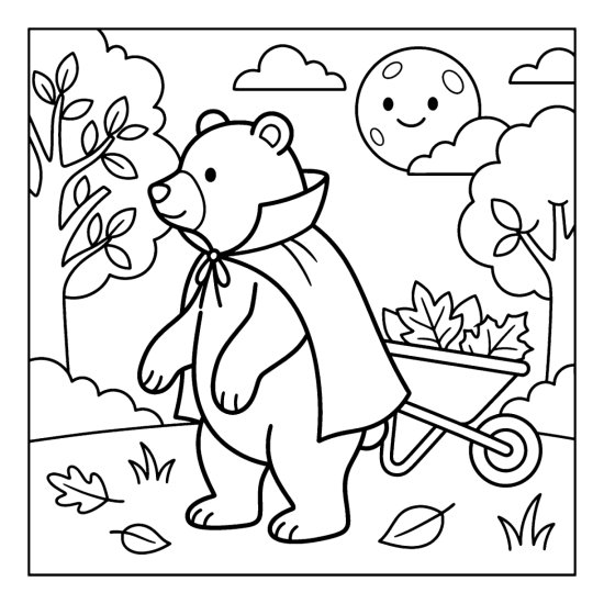 Bear in a vampire cape near a wheelbarrow of leaves under the moon, coloring page