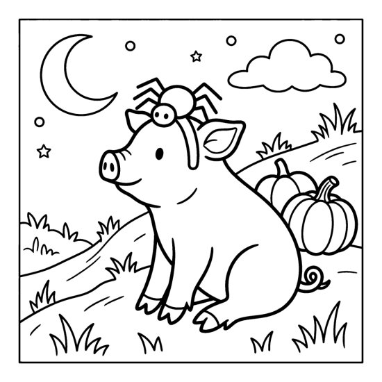 Piglet wearing a spider headband on a grassy slope by gourds, coloring sheet