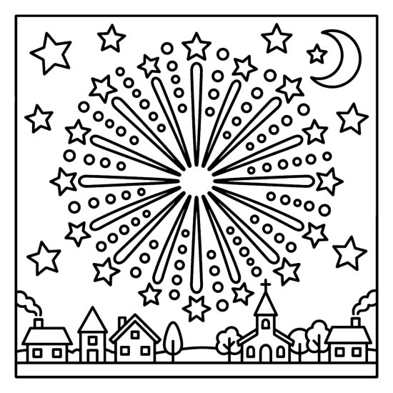 A bright firework bursts over a small town at night beneath stars and a moon, bold and easy