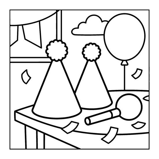 Two party hats and a noisemaker rest on a table below bunting and a balloon, bold and easy