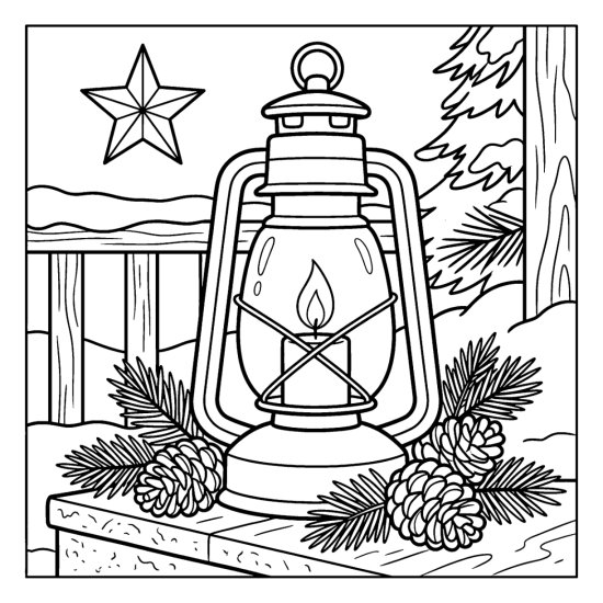 A glowing lantern sits among pinecones and pine branches beneath a star, coloring page