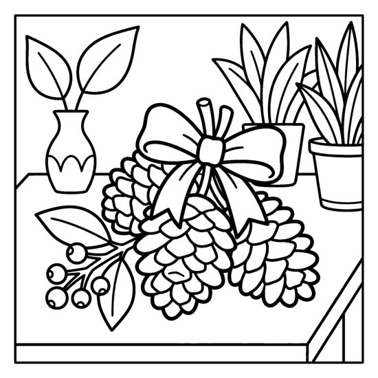 A bundle of pinecones tied with a bow rests among leafy potted plants, bold and easy