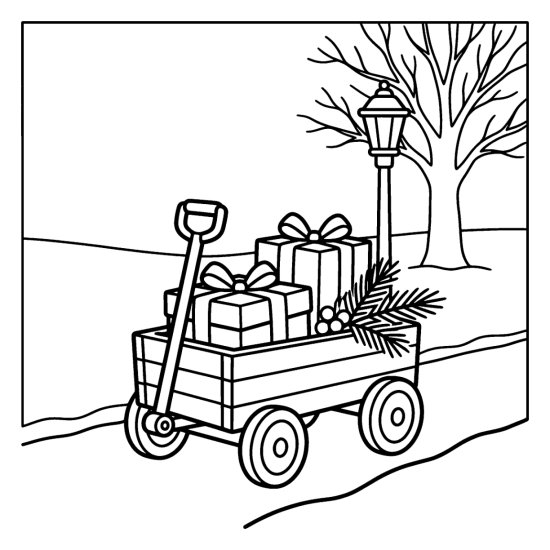A wagon loaded with wrapped gifts stands under a lamppost near a bare tree, coloring sheet