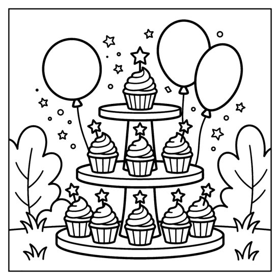 A tiered stand of cupcakes stands between balloons on a grassy lawn, bold and easy