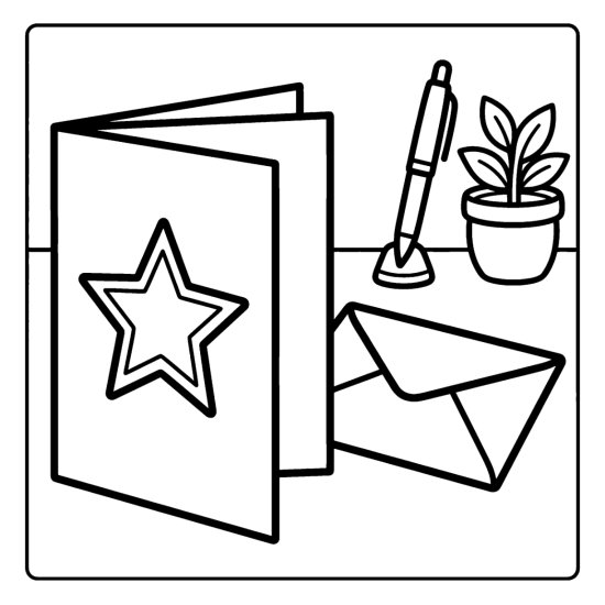 An open greeting card with a star sits beside an envelope, pen and plant, coloring page