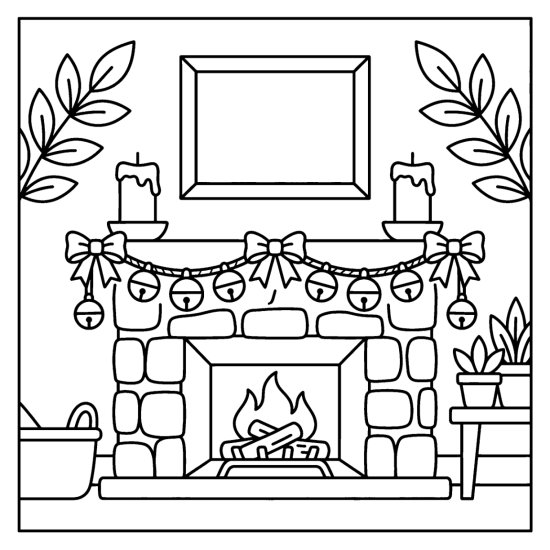 A stone fireplace with a lit fire is draped in garland, candles and stockings, bold and easy