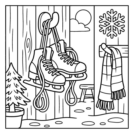A pair of ice skates and a scarf hang on a wall beside a snowflake, coloring sheet