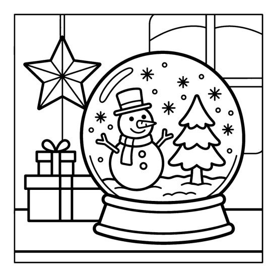 A snow globe holds a snowman and tree above a base with wrapped gifts, bold and easy