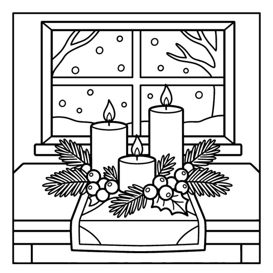 Candles and holly rest on a snowy windowsill before a frosted winter window, coloring page
