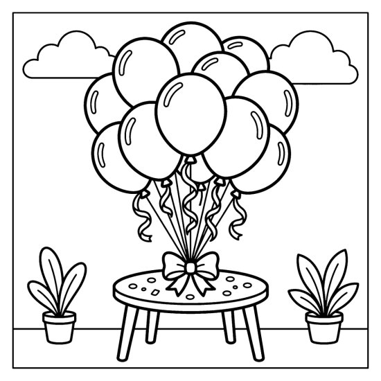 A cluster of round balloons tied to a small stool between two potted plants, coloring page