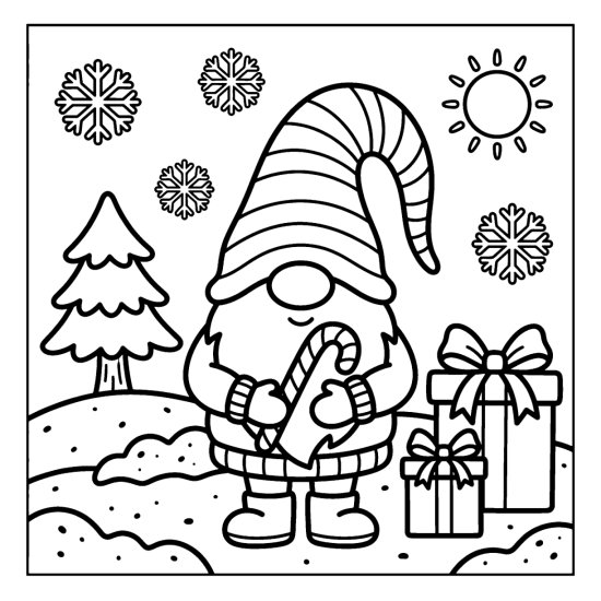 A tall hatted gnome holds a candy cane beside a gift and a small tree in snow, bold and easy
