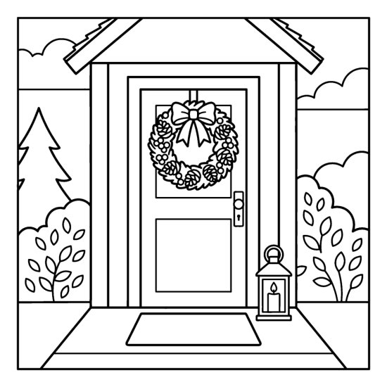A front door with a round wreath stands between two potted plants, coloring sheet
