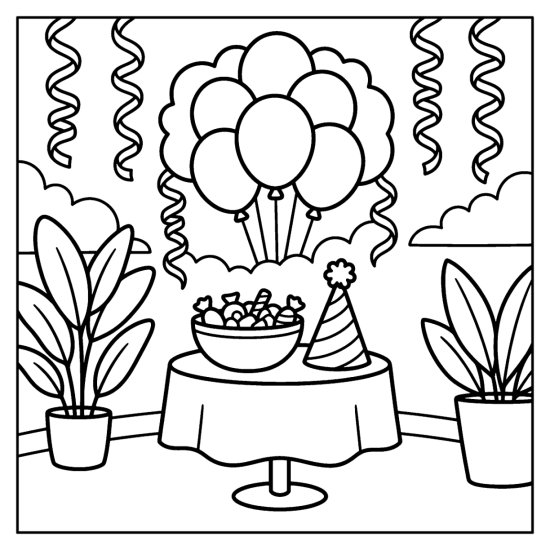 A party table with balloons, streamers and a snack bowl sits under confetti, bold and easy