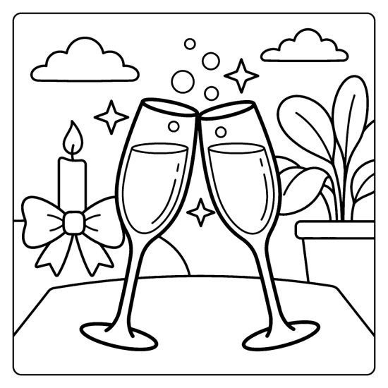 Two champagne flutes clink together beside a lit candle and a bow, coloring page