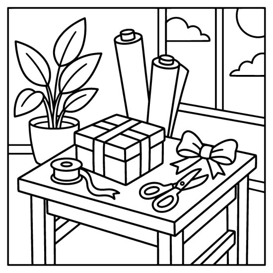 A wrapped gift, a spool of ribbon and scissors sit on a table by plants, bold and easy