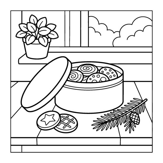 An open tin of decorated cookies rests on a table beside a potted plant, coloring sheet