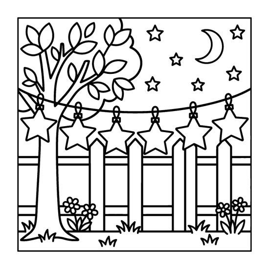 A tree strung with star lights stands over a fence under a night sky and moon, bold and easy