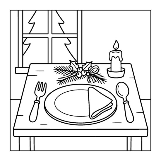 A holiday place setting with a plate, cutlery, candle and holly waits on a table, coloring page