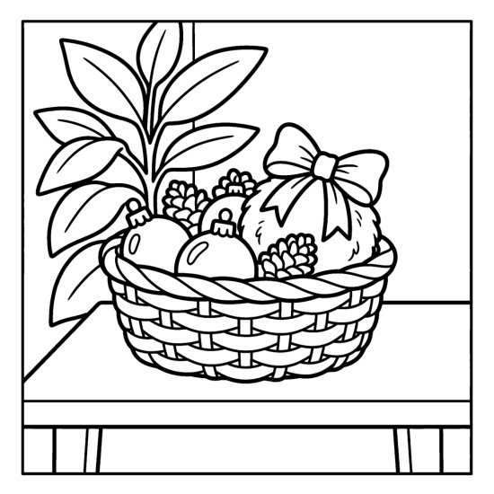 A woven basket holds round ornaments tied with a bow beside a leafy plant, bold and easy