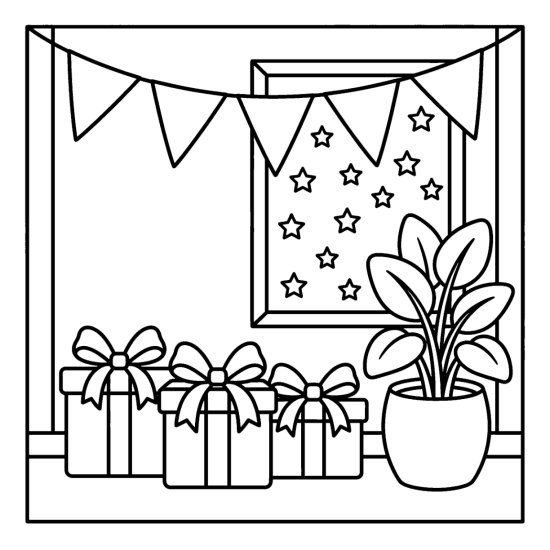 Wrapped gifts and a potted plant sit by a window strung with star bunting, coloring sheet