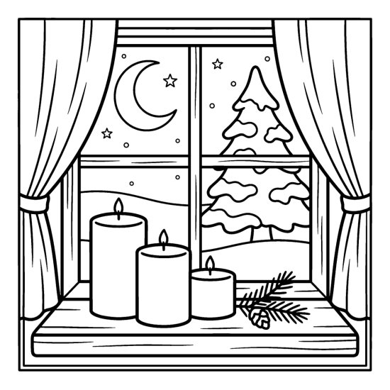Candles and a small tree glow on a windowsill before a moonlit night sky, bold and easy