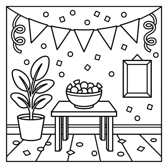 A festive room with bunting and confetti holds a table set with a bowl, coloring sheet