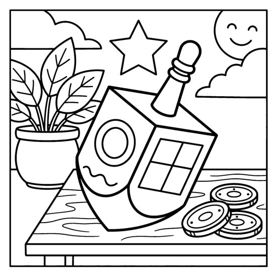 A large dreidel rests on a table beside scattered coins under a smiling moon, bold and easy