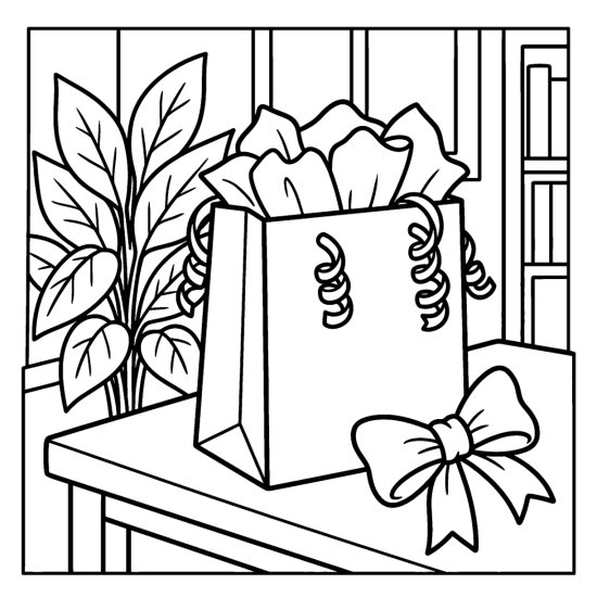 A gift bag with tissue and a bow sits on a table among leafy plants, coloring page