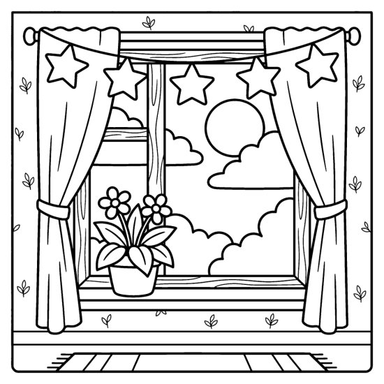A curtained window frames a potted flower and stars against the night sky, bold and easy