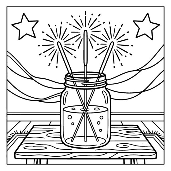 A jar of sparklers glows on a wooden table with stars and streamers overhead, coloring sheet