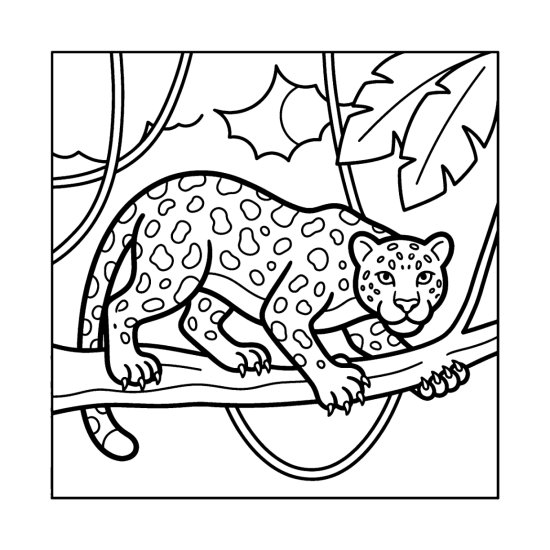 A jaguar crouches low along a thick jungle branch with hanging vines, coloring page