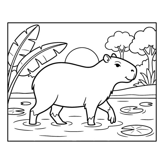 A capybara wades at the edge of a jungle river with banana leaves, bold and easy