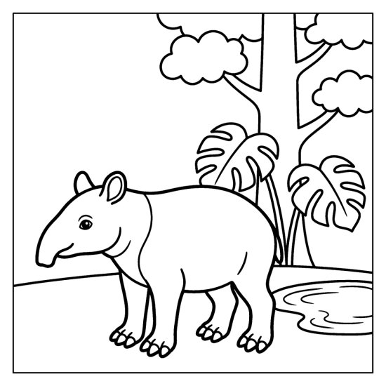 A tapir with a short snout stands in a rainforest glade with monstera leaves, coloring page