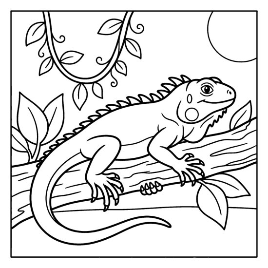An iguana with a spiny back rests along a wide branch with leaves, coloring sheet