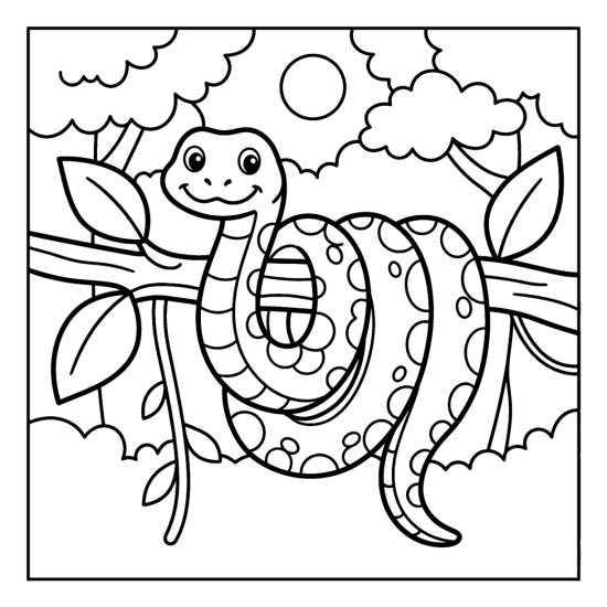 A smiling snake coils in loose loops around a thick jungle branch, bold and easy