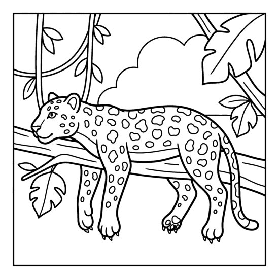 A leopard with rosette spots lies stretched along a high tree branch, coloring page