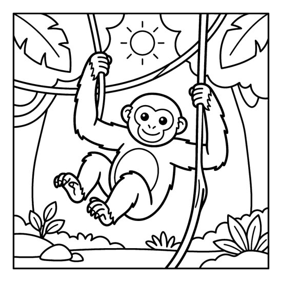 A gibbon swings with both long arms from a jungle vine, coloring sheet