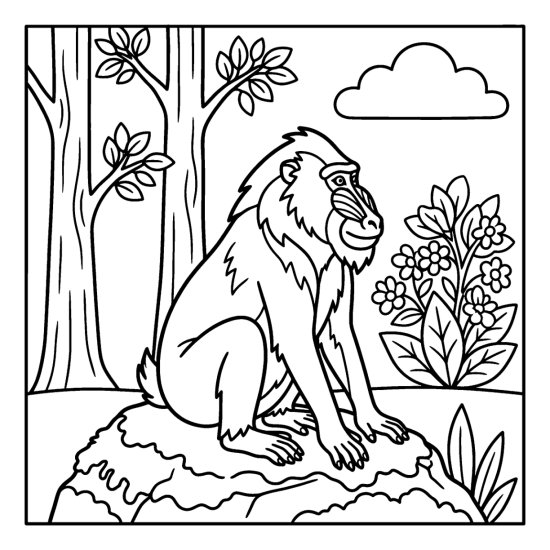 A mandrill sits on a mossy rock on the jungle floor near trees, bold and easy