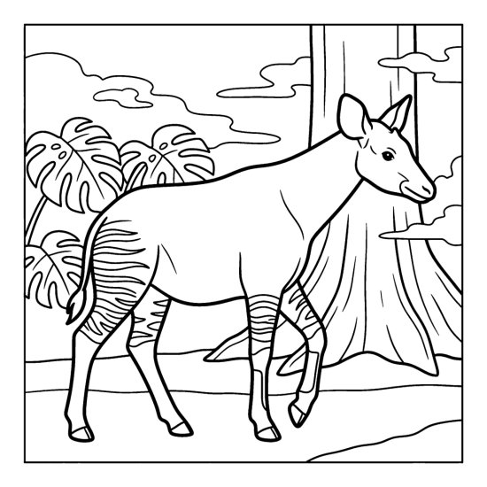 An okapi with striped legs stands in a misty rainforest clearing, coloring page